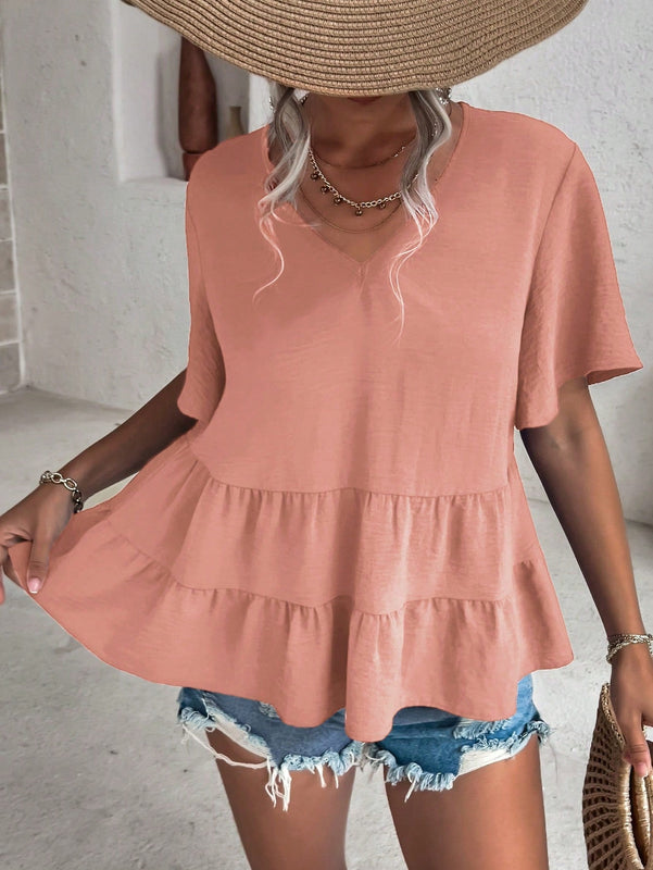 VCAY Camisa Con Cuello En V Y Manga Corta Para Mujer Con Dobladillo Asimetrico Con Volante
