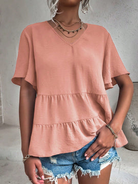 VCAY Camisa Con Cuello En V Y Manga Corta Para Mujer Con Dobladillo Asimetrico Con Volante
