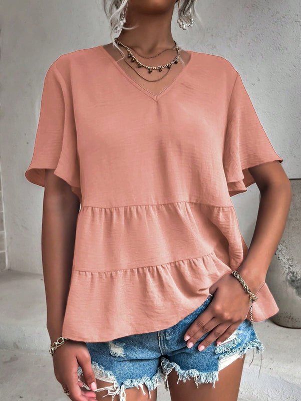 VCAY Camisa Con Cuello En V Y Manga Corta Para Mujer Con Dobladillo Asimetrico Con Volante