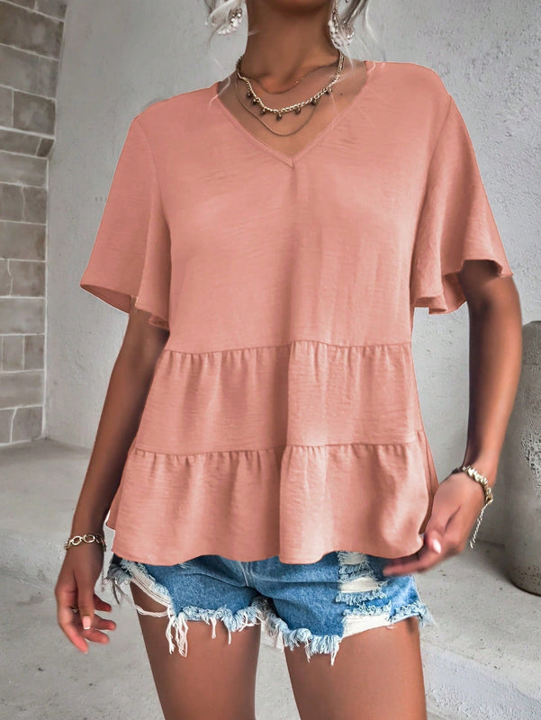 VCAY Camisa Con Cuello En V Y Manga Corta Para Mujer Con Dobladillo Asimetrico Con Volante