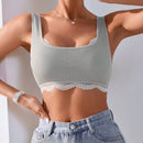 Bralette Inalambrico De Encaje Con Escote Redondo, Remiendos De Encaje