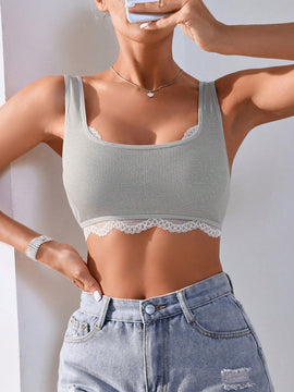 Bralette Inalambrico De Encaje Con Escote Redondo, Remiendos De Encaje
