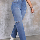EZwear Pantalones Jeans De Mujer Con Cintura Asimetrica Y Pierna Recta Desgastada En Azul