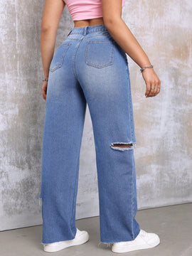 EZwear Pantalones Jeans De Mujer Con Cintura Asimetrica Y Pierna Recta Desgastada En Azul