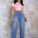 EZwear Pantalones Jeans De Mujer Con Cintura Asimetrica Y Pierna Recta Desgastada En Azul