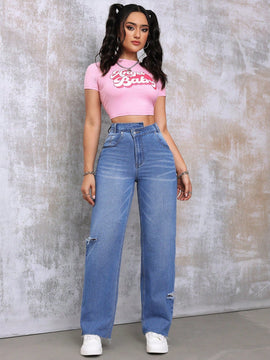 EZwear Pantalones Jeans De Mujer Con Cintura Asimetrica Y Pierna Recta Desgastada En Azul