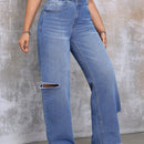 EZwear Pantalones Jeans De Mujer Con Cintura Asimetrica Y Pierna Recta Desgastada En Azul