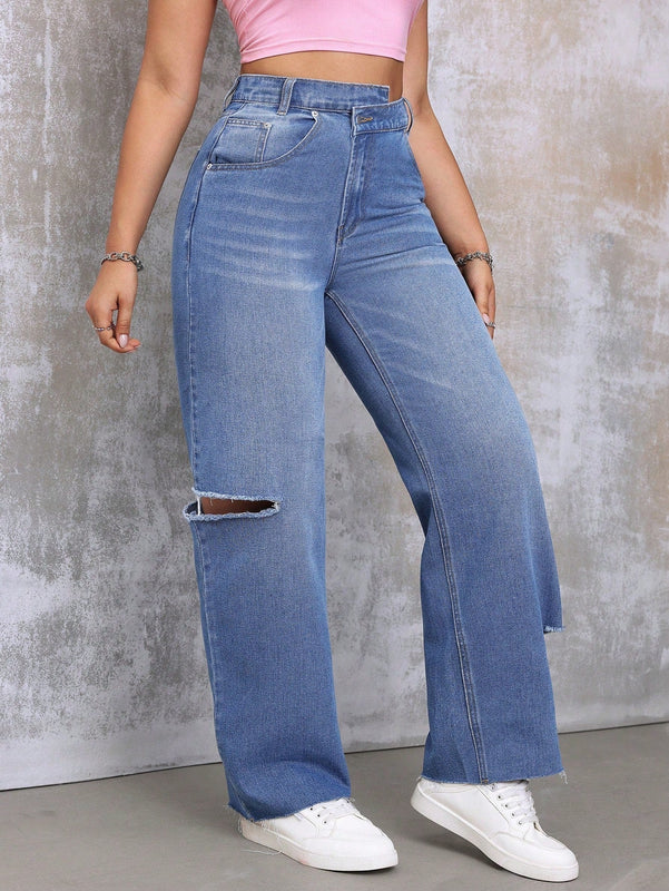 EZwear Pantalones Jeans De Mujer Con Cintura Asimetrica Y Pierna Recta Desgastada En Azul