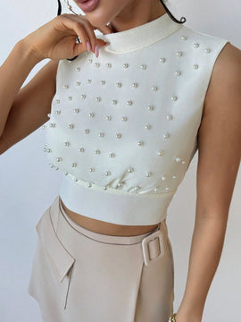Prive Camisa Elegante Sin Mangas Con Perlas Falsas Para Mujer, Con Cintura Ajustada, Ideal Para Bodas Y Citas