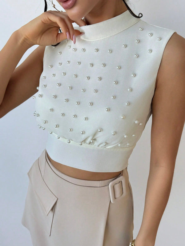 Prive Camisa Elegante Sin Mangas Con Perlas Falsas Para Mujer, Con Cintura Ajustada, Ideal Para Bodas Y Citas