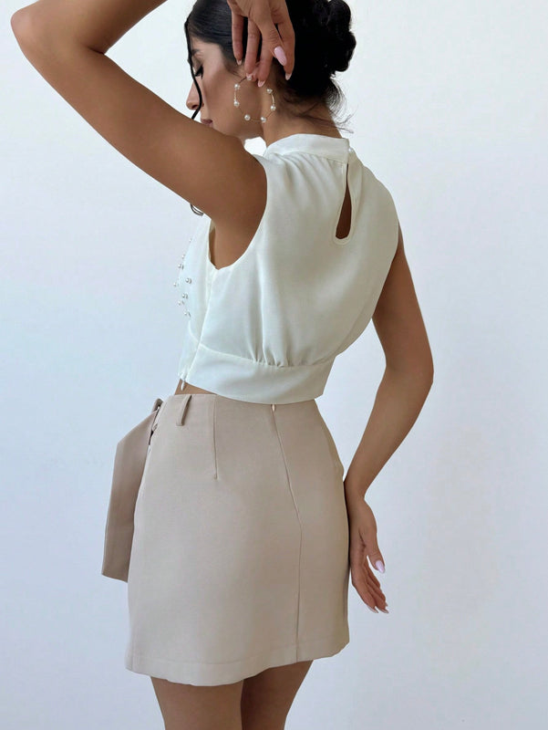 Prive Camisa Elegante Sin Mangas Con Perlas Falsas Para Mujer, Con Cintura Ajustada, Ideal Para Bodas Y Citas