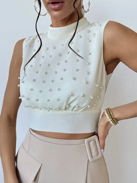 Prive Camisa Elegante Sin Mangas Con Perlas Falsas Para Mujer, Con Cintura Ajustada, Ideal Para Bodas Y Citas