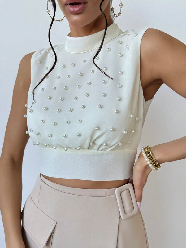 Prive Camisa Elegante Sin Mangas Con Perlas Falsas Para Mujer, Con Cintura Ajustada, Ideal Para Bodas Y Citas