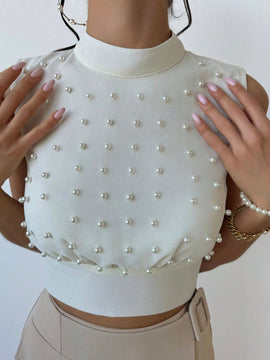 Prive Camisa Elegante Sin Mangas Con Perlas Falsas Para Mujer, Con Cintura Ajustada, Ideal Para Bodas Y Citas
