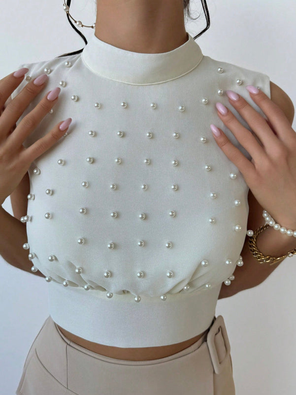 Prive Camisa Elegante Sin Mangas Con Perlas Falsas Para Mujer, Con Cintura Ajustada, Ideal Para Bodas Y Citas