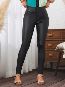 LUNE Pantalones de cintura alta de mujer en color liso y ajustados con bolsillos