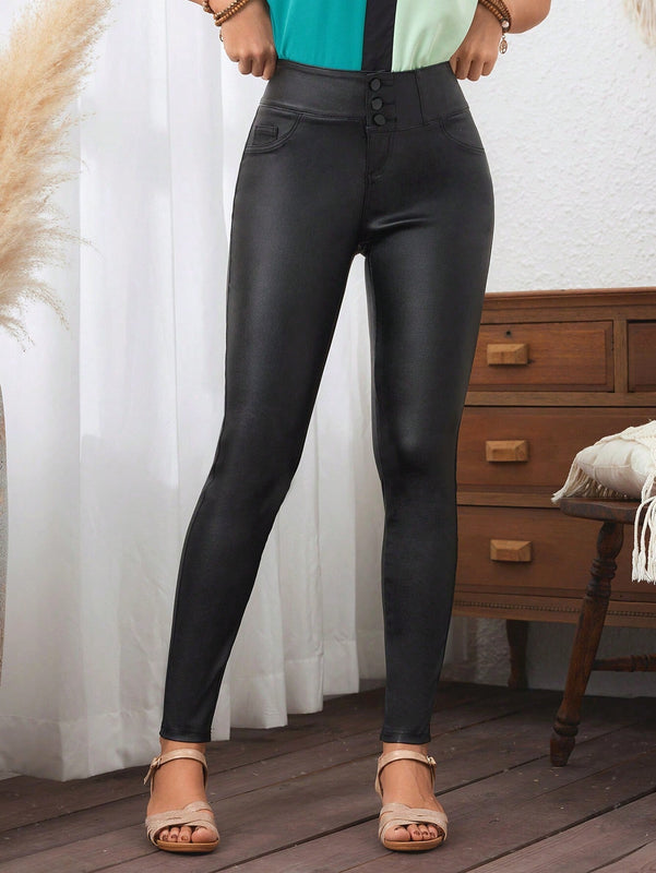 LUNE Pantalones de cintura alta de mujer en color liso y ajustados con bolsillos