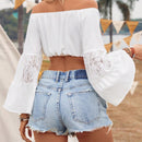 VCAY Blusa De Mujer De Hombro Con Volantes Y Encaje Con Manga Campana