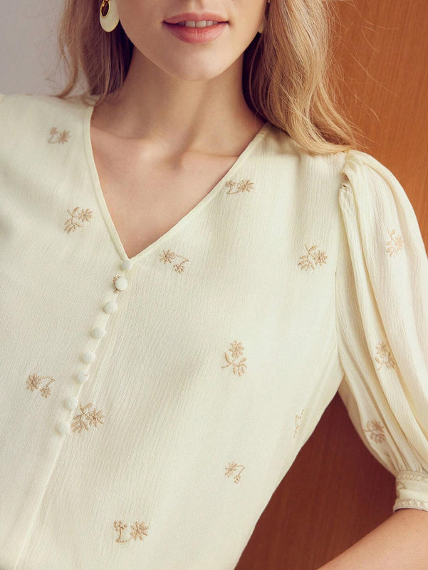 MOTF PREMIUM Blusa De Manga Abullonada Con Patron Floral De Bordado Decorativo