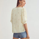 MOTF PREMIUM Blusa De Manga Abullonada Con Patron Floral De Bordado Decorativo