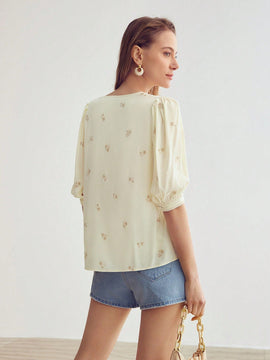MOTF PREMIUM Blusa De Manga Abullonada Con Patron Floral De Bordado Decorativo