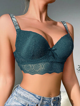 1 Pieza Sujetador Levantador Verde Sexy Para Mujer Con Encaje Y Diamantes De Imitacion, Taza Fina En Descenso Y Taza De Alambre Inferior Gruesa, Y Tirantes Para Los Hombros