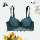 1 Pieza Sujetador Levantador Verde Sexy Para Mujer Con Encaje Y Diamantes De Imitacion, Taza Fina En Descenso Y Taza De Alambre Inferior Gruesa, Y Tirantes Para Los Hombros