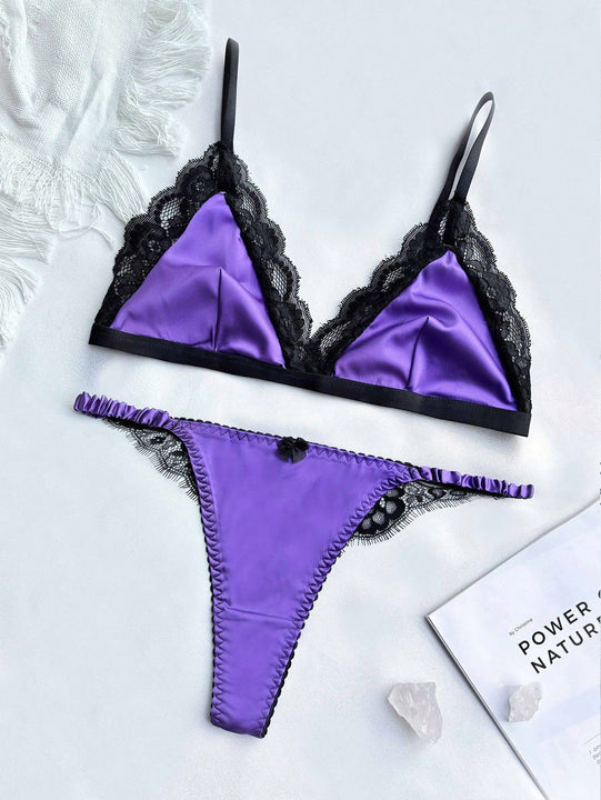 Conjunto De Lenceria Sexy De Encaje Con Ribete Para Mujer