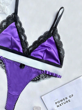 Conjunto De Lenceria Sexy De Encaje Con Ribete Para Mujer