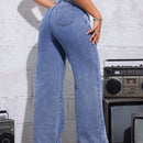 ICON Pantalones Jeans Para Mujer Con Patron De Estrellas, Dobladillo Deshilachado Y Estilo Casual, Azul
