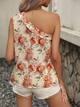 Prive Blusa Sin Mangas Asimetrica Con Cuello Floral Y Patron Floral