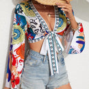 VCAY Camisa De Manga Larga Con Corbata Frontal Y Estampado Completo De Estilo De Vacaciones Para Mujeres, Adecuada Para Verano Y Playa