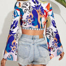 VCAY Camisa De Manga Larga Con Corbata Frontal Y Estampado Completo De Estilo De Vacaciones Para Mujeres, Adecuada Para Verano Y Playa