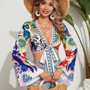 VCAY Camisa De Manga Larga Con Corbata Frontal Y Estampado Completo De Estilo De Vacaciones Para Mujeres, Adecuada Para Verano Y Playa