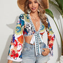 VCAY Camisa De Manga Larga Con Corbata Frontal Y Estampado Completo De Estilo De Vacaciones Para Mujeres, Adecuada Para Verano Y Playa