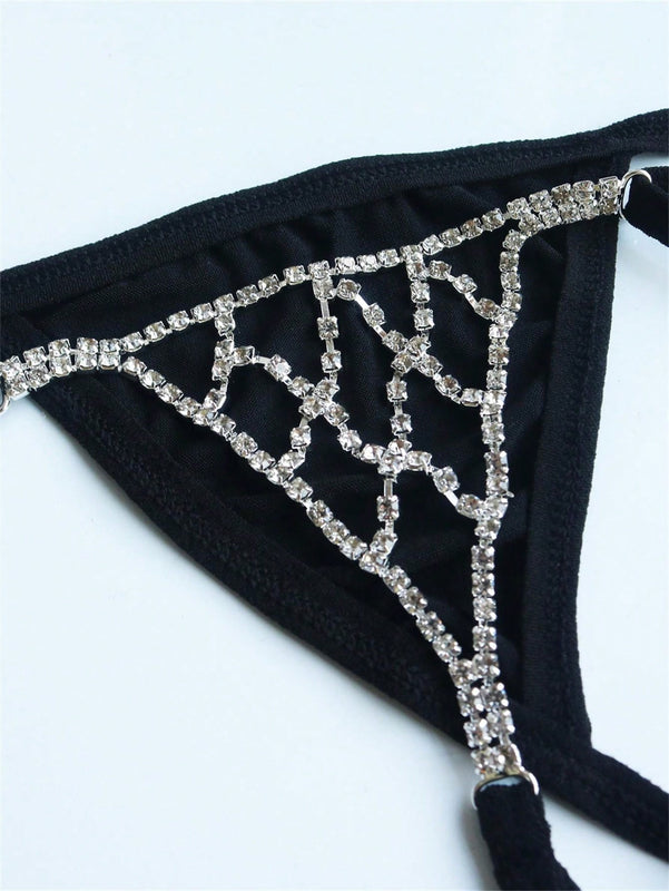 Tangas negras sexys para damas con diamantes huecos y decoracion de diamantes de imitacion