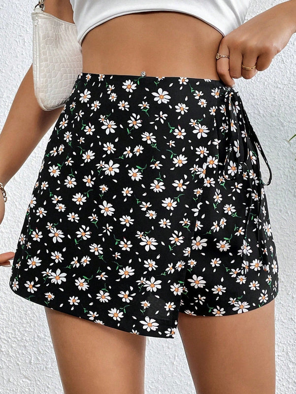 VCAY Falda Corta Envuelta Con Lazo Y Estampado Floral Pequeno