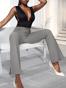 Pantalones de traje de color liso con abertura para las piernas rectas para mujeres para el trabajo.