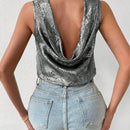 Essnce Camisa Veraniega Casual Sin Mangas De Cuello Tipo Soporte Y Espalda Descubierta Para Las Vacaciones