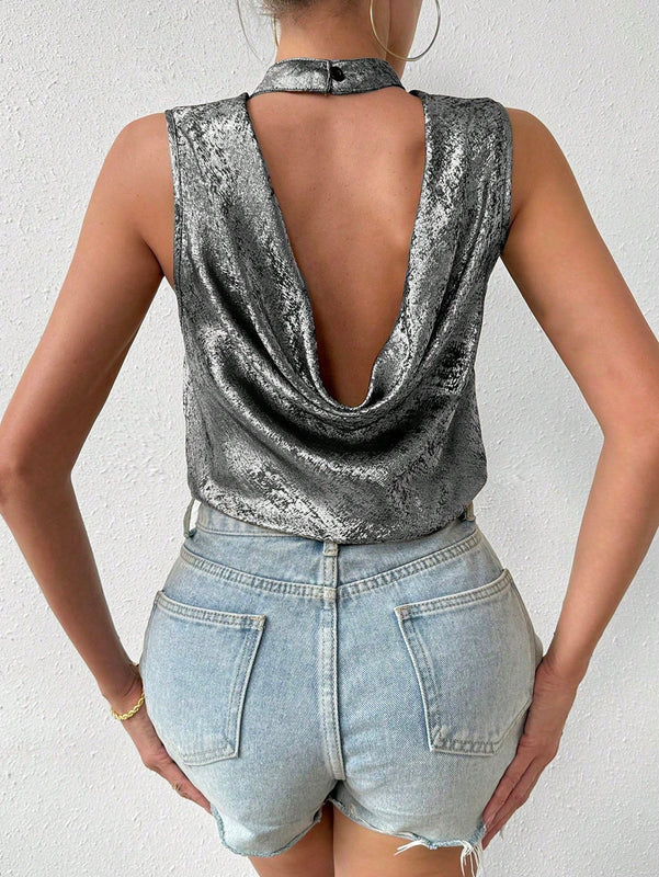 Essnce Camisa Veraniega Casual Sin Mangas De Cuello Tipo Soporte Y Espalda Descubierta Para Las Vacaciones