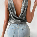 Essnce Camisa Veraniega Casual Sin Mangas De Cuello Tipo Soporte Y Espalda Descubierta Para Las Vacaciones