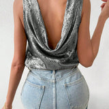 Essnce Camisa Veraniega Casual Sin Mangas De Cuello Tipo Soporte Y Espalda Descubierta Para Las Vacaciones