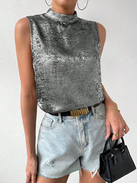 Essnce Camisa Veraniega Casual Sin Mangas De Cuello Tipo Soporte Y Espalda Descubierta Para Las Vacaciones
