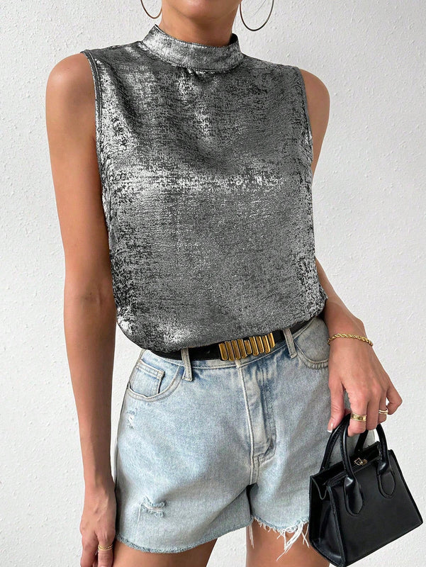 Essnce Camisa Veraniega Casual Sin Mangas De Cuello Tipo Soporte Y Espalda Descubierta Para Las Vacaciones