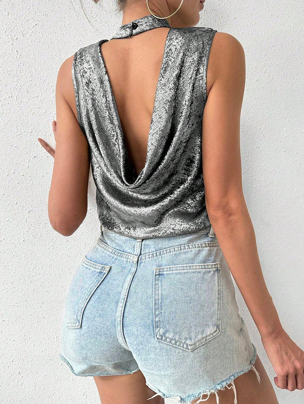 Essnce Camisa Veraniega Casual Sin Mangas De Cuello Tipo Soporte Y Espalda Descubierta Para Las Vacaciones
