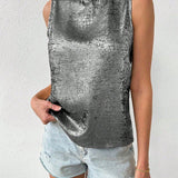 Essnce Camisa Veraniega Casual Sin Mangas De Cuello Tipo Soporte Y Espalda Descubierta Para Las Vacaciones