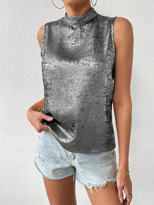 Essnce Camisa Veraniega Casual Sin Mangas De Cuello Tipo Soporte Y Espalda Descubierta Para Las Vacaciones