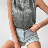 Essnce Camisa Veraniega Casual Sin Mangas De Cuello Tipo Soporte Y Espalda Descubierta Para Las Vacaciones