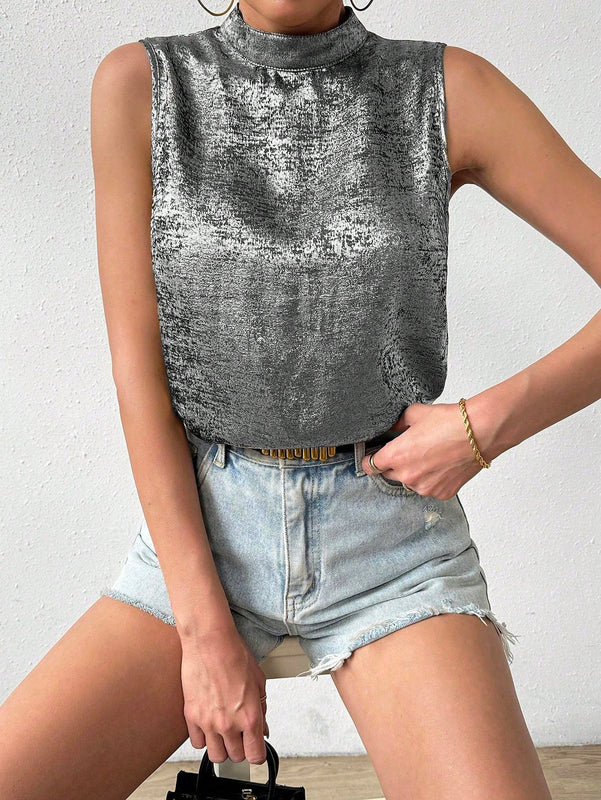 Essnce Camisa Veraniega Casual Sin Mangas De Cuello Tipo Soporte Y Espalda Descubierta Para Las Vacaciones