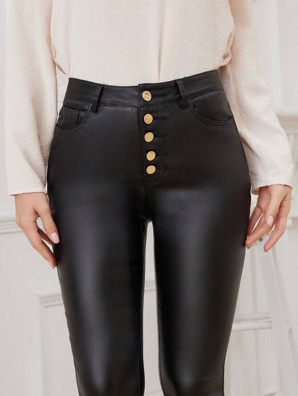 LUNE Pantalones ajustados solidos para mujer con botones en la bragueta
